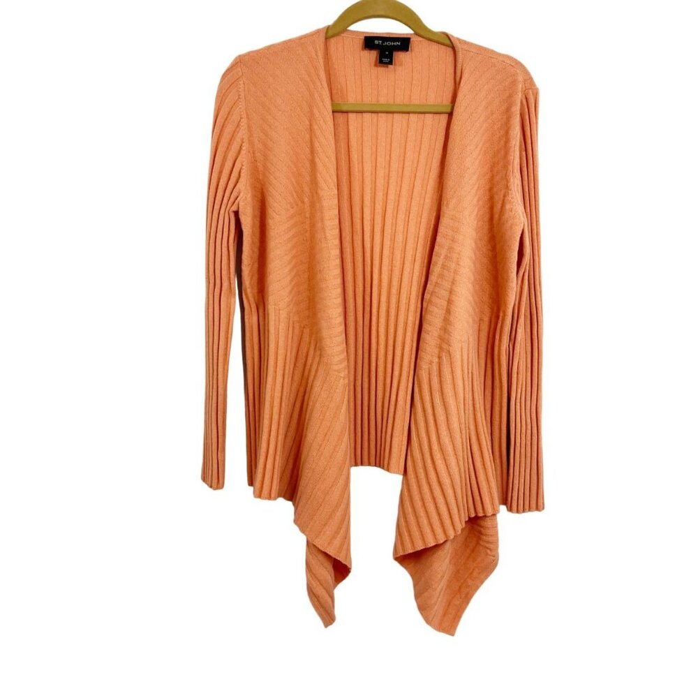 St. John Orange Ribbed Cashmere Cardigan Sweater Waterfall Open‎ Front MEDIUM